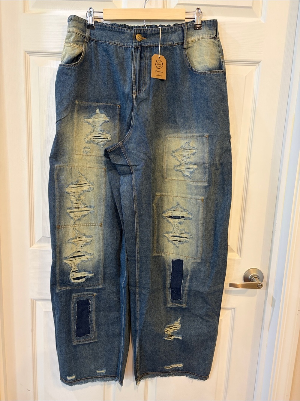 GRUNGE Jeans A Rare Bird Blue Distressed Wide-Leg Patchwork Detail NEW FALL